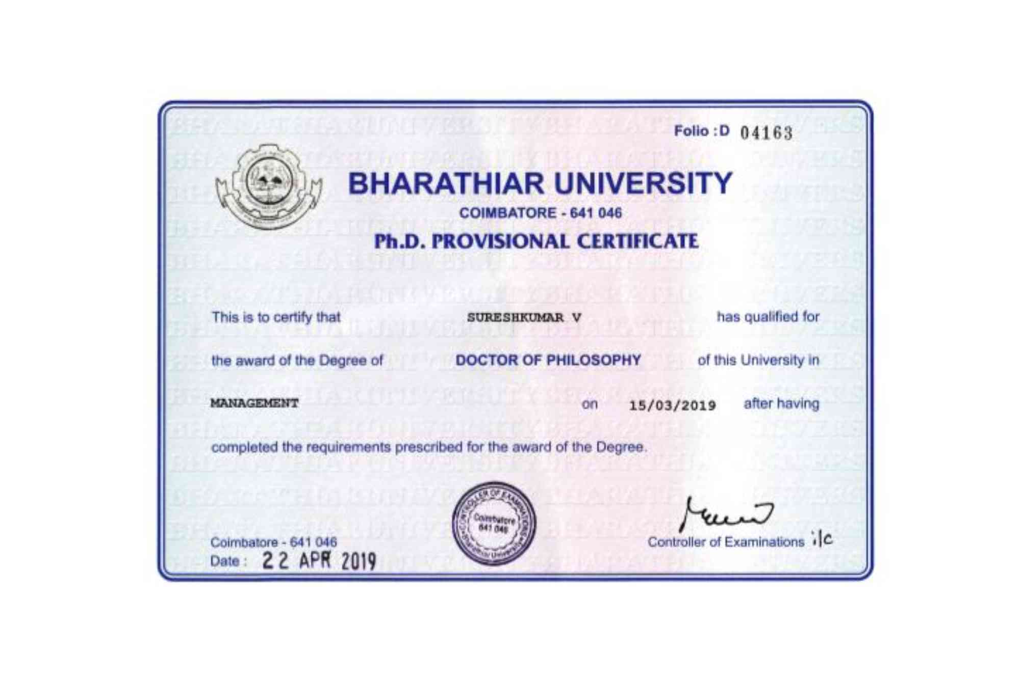 Bharathiar University Distance Education Degree Certificate