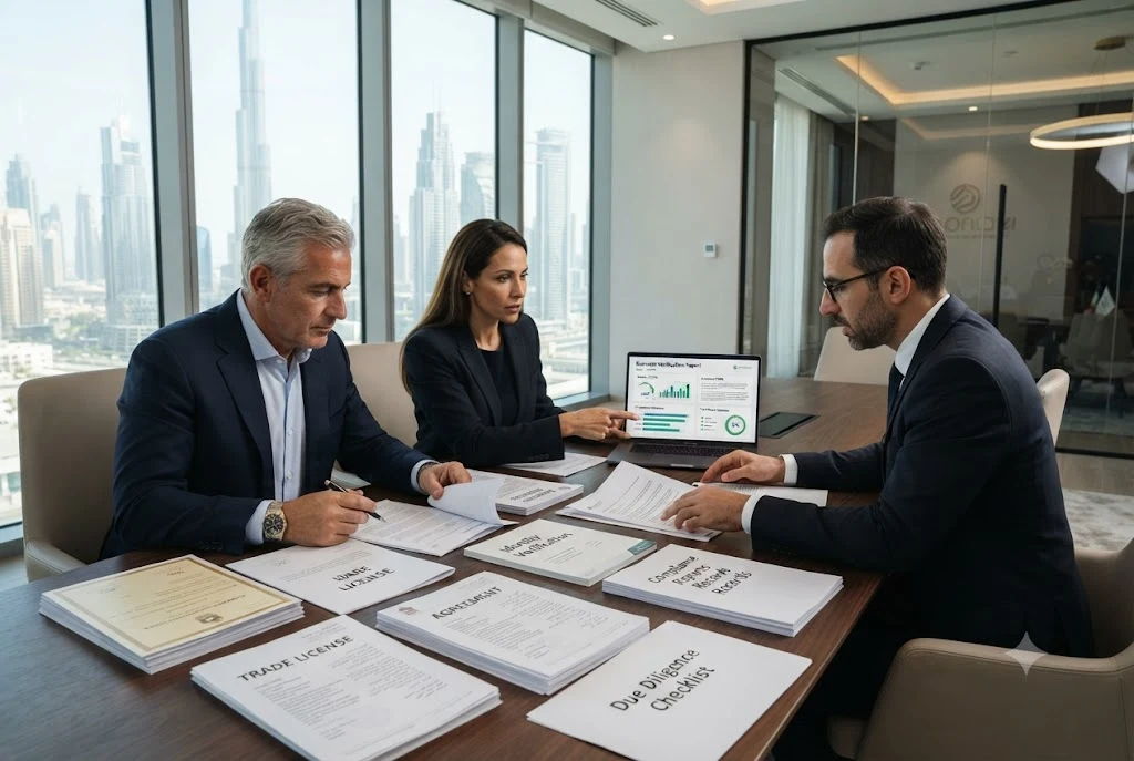 Business executives reviewing company verification documents and contracts before signing a commercial agreement in a modern Dubai office.